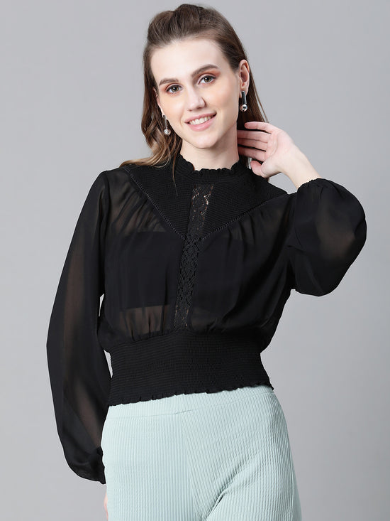 Women Black High Neck Long Sleeve Smocked Top-W23042WBL001