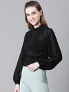 Women Black High Neck Long Sleeve Smocked Top-W23042WBL001