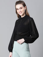 Women Black High Neck Long Sleeve Smocked Top-W23042WBL001