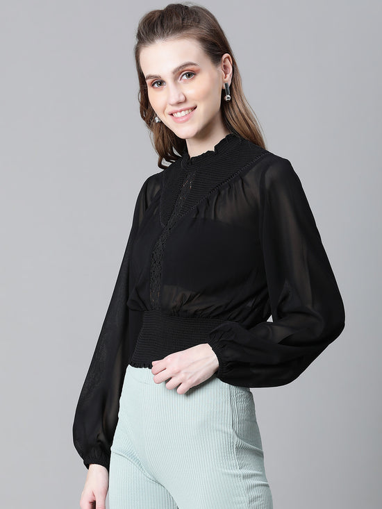 Women Black High Neck Long Sleeve Smocked Top-W23042WBL001