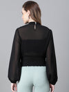 Women Black High Neck Long Sleeve Smocked Top-W23042WBL001