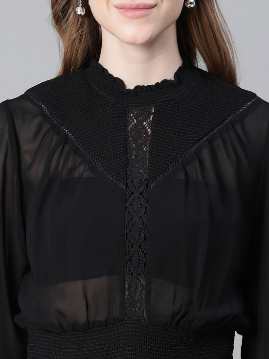 Women Black High Neck Long Sleeve Smocked Top-W23042WBL001