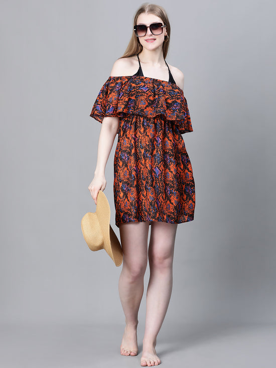 Women Multicolor Animal Print Off-Shoulder Elasticated Beachwear Dress-W23044WBW003