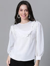 Women Soild Ivory Round Neck Long Sleeve Ruffle Top-W23045WBL003