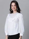 Women Soild Ivory Round Neck Long Sleeve Ruffle Top-W23045WBL003