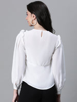 Women Soild Ivory Round Neck Long Sleeve Ruffle Top-W23045WBL003