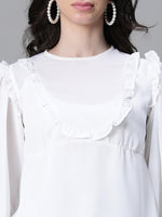 Women Soild Ivory Round Neck Long Sleeve Ruffle Top-W23045WBL003