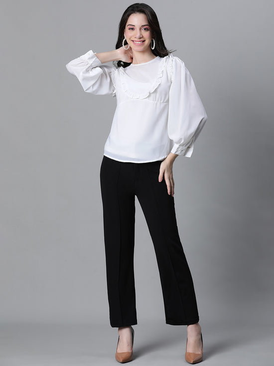 Women Soild Ivory Round Neck Long Sleeve Ruffle Top-W23045WBL003