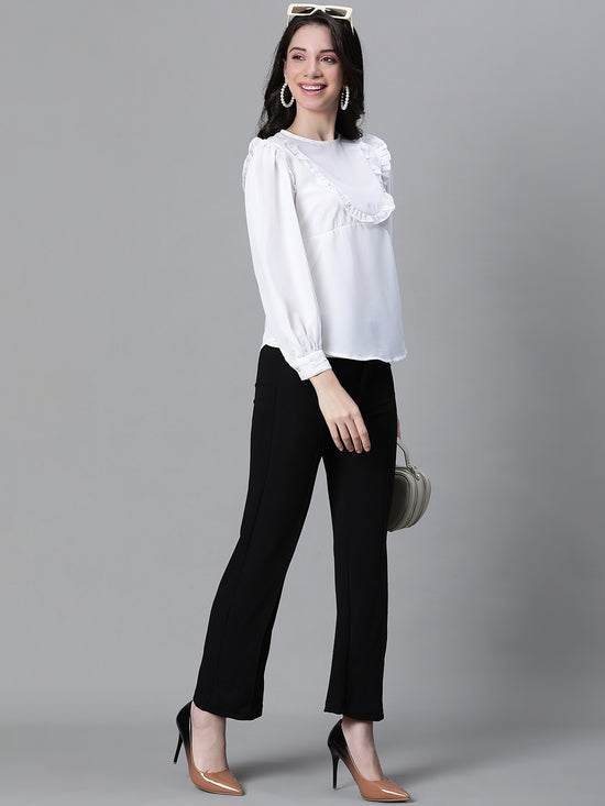 Women Soild Ivory Round Neck Long Sleeve Ruffle Top-W23045WBL003