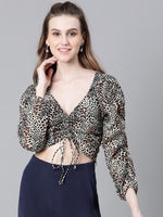 Women Black Floral Print Round Neck Tie-Knotted Elasticated Long Crop Sleeve Top-W23049WBL002