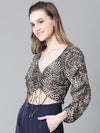 Women Black Floral Print Round Neck Tie-Knotted Elasticated Long Crop Sleeve Top-W23049WBL002