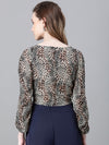 Women Black Floral Print Round Neck Tie-Knotted Elasticated Long Crop Sleeve Top-W23049WBL002