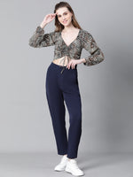 Women Black Floral Print Round Neck Tie-Knotted Elasticated Long Crop Sleeve Top-W23049WBL002