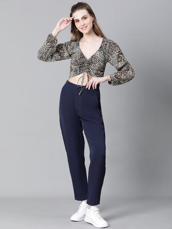 Women Black Floral Print Round Neck Tie-Knotted Elasticated Long Crop Sleeve Top-W23049WBL002