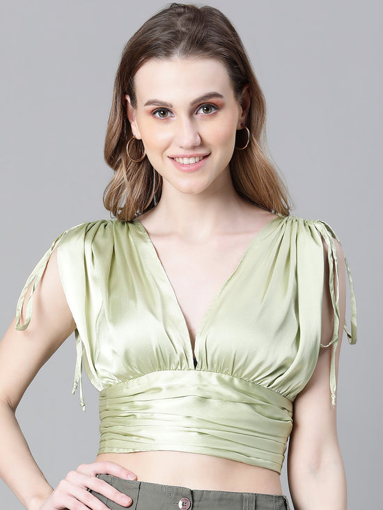 Women Solid Green V-Neck Elasticated Tie-Up Satin Crop Top-W23066WBL006