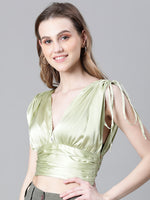 Women Solid Green V-Neck Elasticated Tie-Up Satin Crop Top-W23066WBL006