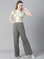 Women Solid Green V-Neck Elasticated Tie-Up Satin Crop Top-W23066WBL006