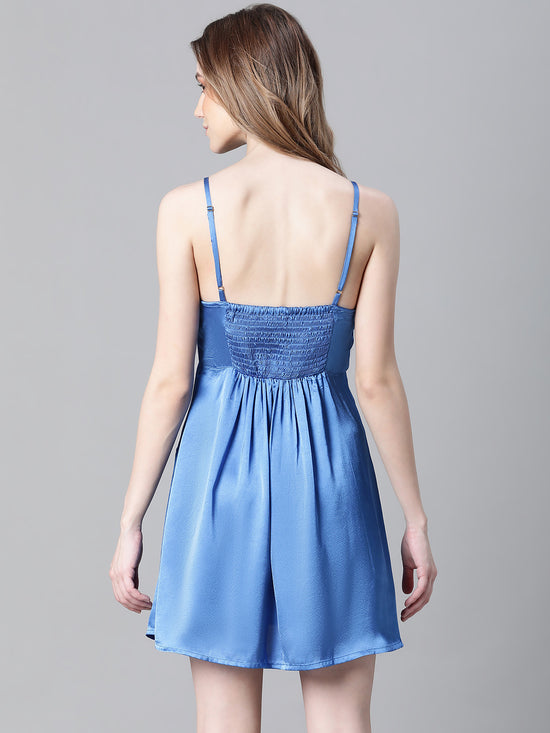 Women Blue V-Neck Shoulder Strap Sleeveless Nightwear Satin Dress-W23068WNW006