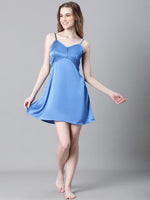 Women Blue V-Neck Shoulder Strap Sleeveless Nightwear Satin Dress-W23068WNW006