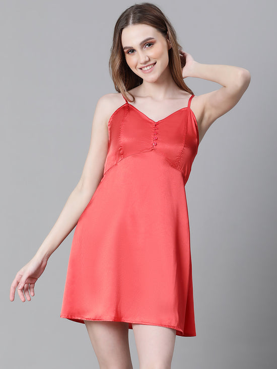 Women Red V-Neck Shoulder Strap Sleeveless Nightwear Satin Dress-W23068WNW007