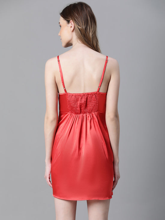 Women Red V-Neck Shoulder Strap Sleeveless Nightwear Satin Dress-W23068WNW007