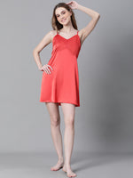 Women Red V-Neck Shoulder Strap Sleeveless Nightwear Satin Dress-W23068WNW007