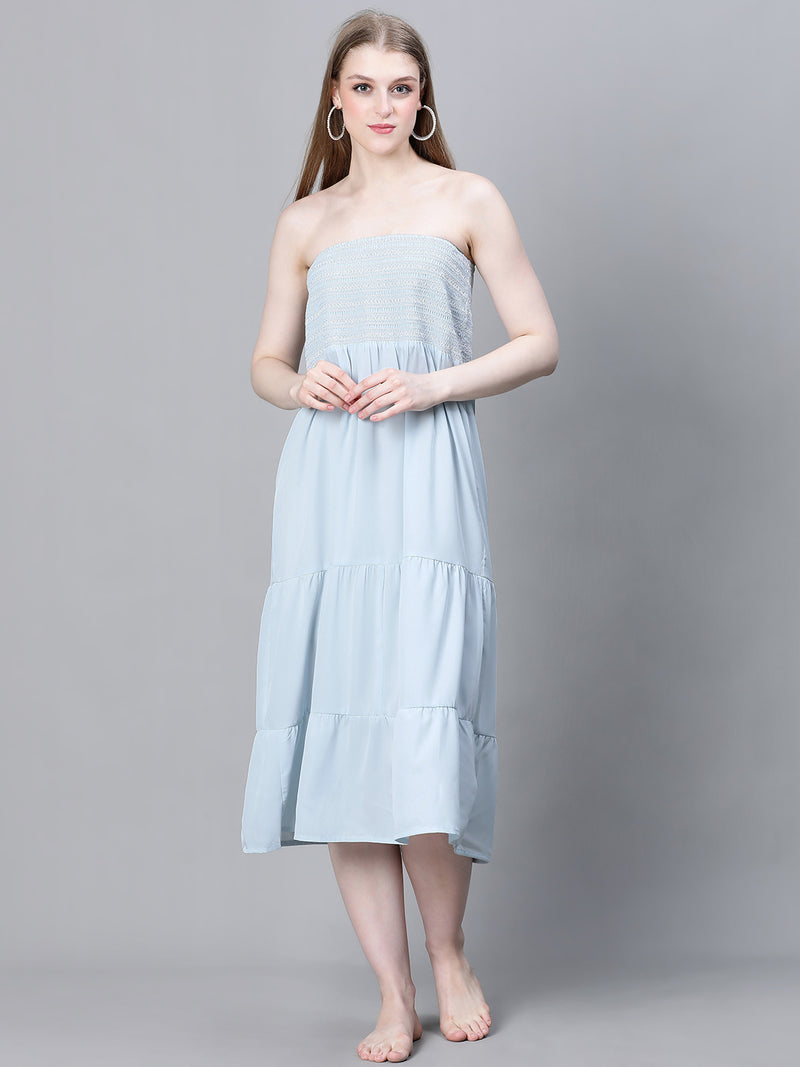 Women Blue Elasticated Smocked Off-Shoulder Flared Beachwear Cotton Dress