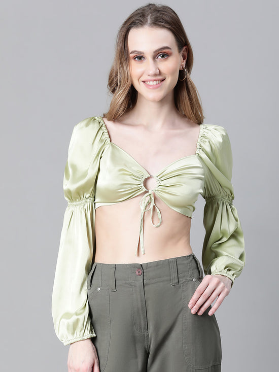 Women Soild Green V-Neck Ring With Tie-Up Detailed Satin Crop Top-W23072WBL003