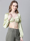 Women Soild Green V-Neck Ring With Tie-Up Detailed Satin Crop Top-W23072WBL003