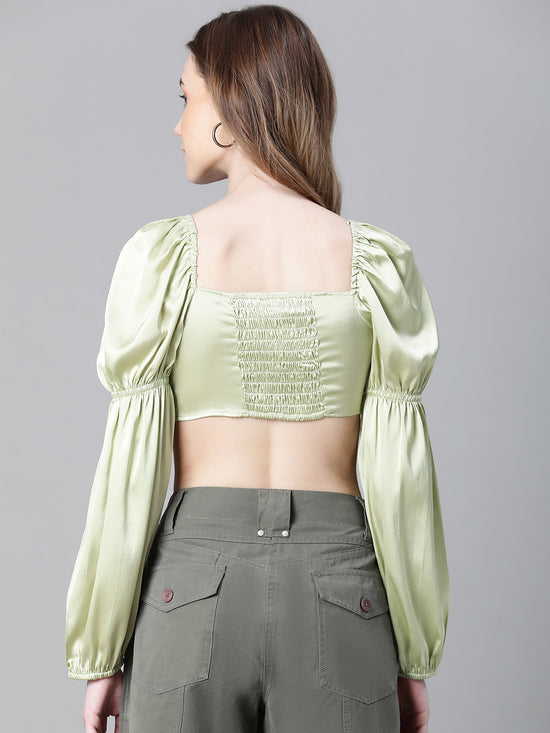 Women Soild Green V-Neck Ring With Tie-Up Detailed Satin Crop Top-W23072WBL003