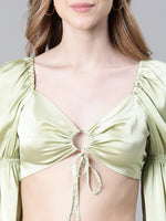 Women Soild Green V-Neck Ring With Tie-Up Detailed Satin Crop Top-W23072WBL003