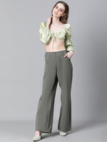 Women Soild Green V-Neck Ring With Tie-Up Detailed Satin Crop Top-W23072WBL003