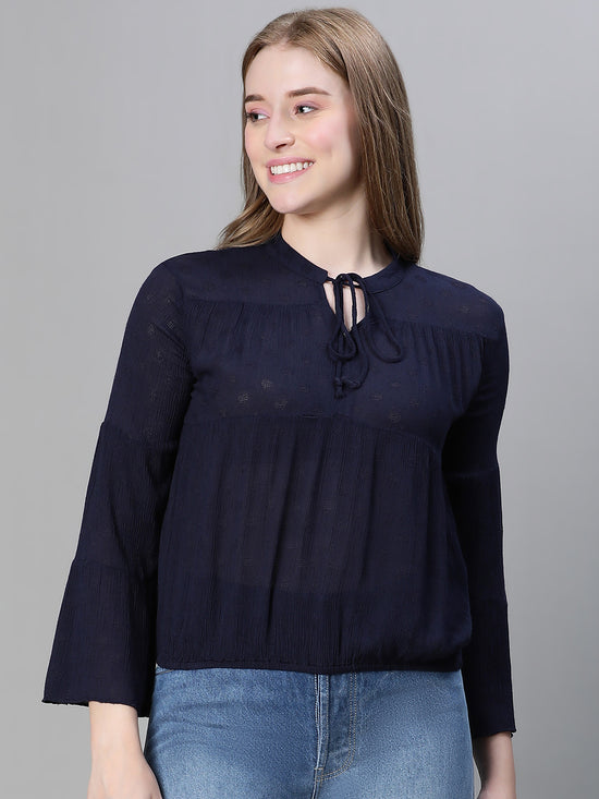 Women Black Round-Neck Tie-Up Detailed Long Bell Sleeve Top-W23080WBL002