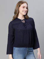 Women Black Round-Neck Tie-Up Detailed Long Bell Sleeve Top-W23080WBL002