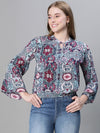 Women Multicolor Floral Print Round-Neck Tie-Up Detailed Long Bell Sleeve Top-W23080WBL003