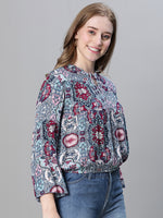 Women Multicolor Floral Print Round-Neck Tie-Up Detailed Long Bell Sleeve Top-W23080WBL003