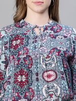 Women Multicolor Floral Print Round-Neck Tie-Up Detailed Long Bell Sleeve Top-W23080WBL003