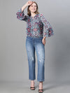 Women Multicolor Floral Print Round-Neck Tie-Up Detailed Long Bell Sleeve Top-W23080WBL003