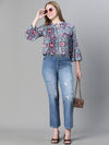 Women Multicolor Floral Print Round-Neck Tie-Up Detailed Long Bell Sleeve Top-W23080WBL003