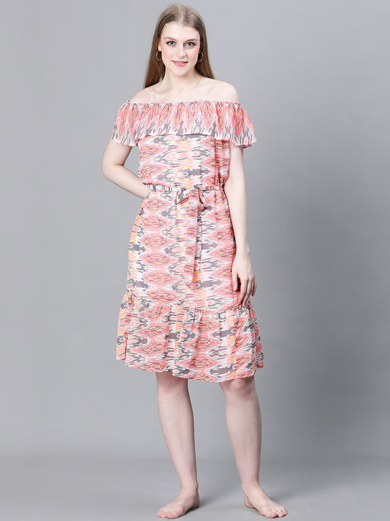 Women Multicolor Printed Elasticated Off-Shoulder Dress-W23087WBW001