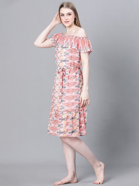 Women Multicolor Printed Elasticated Off-Shoulder Dress-W23087WBW001