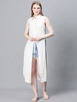 Women Ivory Polka Dot Print Collared Sleeveless Button-Down Beachwear Cotton Cover Up-W23088WBW002