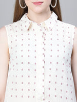 Women Ivory Polka Dot Print Collared Sleeveless Button-Down Beachwear Cotton Cover Up-W23088WBW002