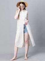 Women Ivory Polka Dot Print Collared Sleeveless Button-Down Beachwear Cotton Cover Up-W23088WBW002