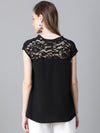 Women Soild Black Round Neck Short Sleeve Net Deatiled Top-W23089WBL001