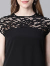 Women Soild Black Round Neck Short Sleeve Net Deatiled Top-W23089WBL001