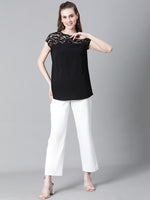 Women Soild Black Round Neck Short Sleeve Net Deatiled Top-W23089WBL001