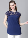 Women Soild Navy Blue Round Neck Short Sleeve Net Deatiled Top-W23089WBL004