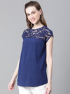 Women Soild Navy Blue Round Neck Short Sleeve Net Deatiled Top-W23089WBL004