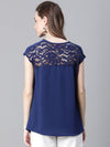 Women Soild Navy Blue Round Neck Short Sleeve Net Deatiled Top-W23089WBL004